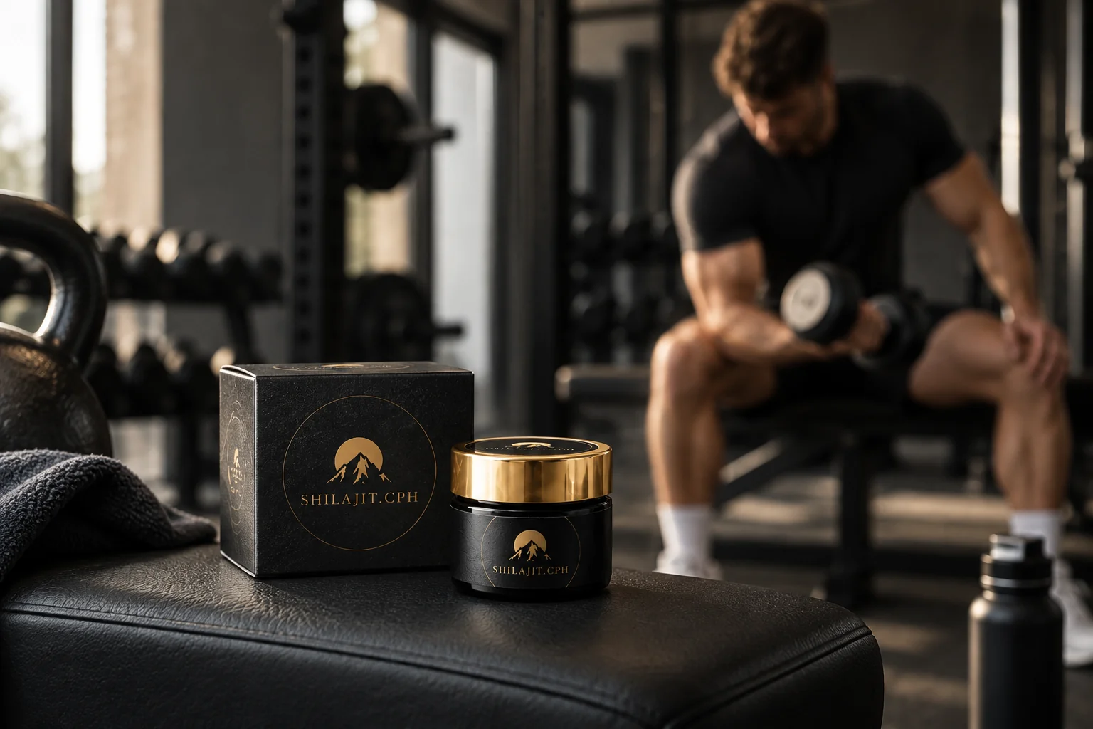 SHILAJIT.CPH bøtte og æske på en bænk i et træningscenter